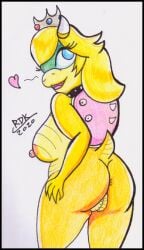 anthro blue_eyes breasts crown female horn koopa mario_(series) nintendo nude princess princess_koopa princess_peach reddragonkan royalty scalie shell solo traditional_media_(artwork) transformation video_games