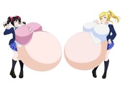 2girls ayase_eli breasts_bigger_than_head huge_breasts hyper hyper_pregnancy love_live! pregnant saburox school_uniform yazawa_nico