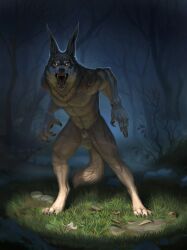 2022 4_toes 5_fingers anthro balls canid canine detailed_background digitigrade feet fingers forest genitals grass hibbary looking_at_viewer male mammal night open_mouth outside plant solo teeth toes tongue tree