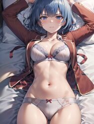 ai_generated arms_above_head bed blue_eyes blue_hair blush classroom_of_the_elite female ibuki_mio looking_at_viewer lying_on_back lying_on_bed solo_female solo_focus white_bra white_panties youkoso_jitsuryoku_shijou_shugi_no_kyoushitsu_e