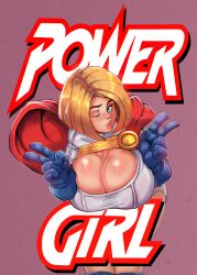 big_breasts blonde_hair blue_eyes boob_squish boob_window breasts cape cleavage dc dc_comics english_text female female_only gloves karen_starr leaning_forward peace_sign plump_lips power_girl reliusmax short_hair solo solo_focus squished_breasts superman_(series) text title winking winking_at_viewer