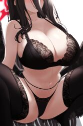 1girls big_breasts black_bra black_hair black_panties black_thighhighs black_wings blue_archive blush bra breast_focus breasts cleavage eyes_out_of_frame female female_only hasumi_(blue_archive) huge_breasts lace lace-trimmed_bra lace-trimmed_legwear lace-trimmed_panties lace-trimmed_thighhighs lace_trim large_breasts legwear long_hair mole ni_tamago_sando panties smile solo solo_female thighhighs thighs wings