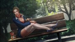 cleavage full_cleavage large_breasts looking_at_viewer nutaku russian sexy_airlines sitting_on_bench slavic solo_female stewardess stockings teddy_bear zenya_vasilevskaya