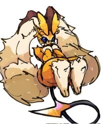 2023 anthro ass blue_eyes blue_pupils brown_fur chubby chubby_female collaboration female female_only furry game_freak hands_on_face hips_wider_than_shoulders lagomorph legs_together long_ears long_tail looking_at_viewer lopunny nintendo orange_body orange_fur pokemon pokemon_(species) pokemon_fusion pokemon_infinite_fusion raichu raichu-lopunny raipunny sitting_position solls0ll solo solo_female thick thick_thighs thighs watermark white_background white_body white_cheeks white_fur yellow_fur