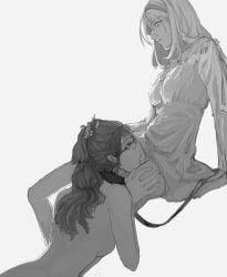 2girls black_and_white black_hair blonde_hair female female_only glasses hair_grab league_of_legends leash licking_pussy luxanna_crownguard pussy riot_games vayne yuri