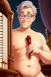 ai_generated ai_hands bara bara_tits belly church daddy glasses gordon_the_organist grey_hair male older_male organist pipe_organ pubic_hair_peek stable_diffusion