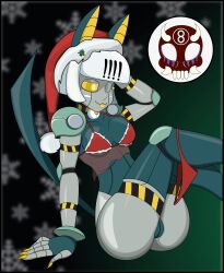 8ball9615 :3 cat_ears cat_tail catgirl christmas christmas_hat christmas_outfit green_body medium_breasts panties_around_one_leg robo-fortune robot_girl robot_pussy skullgirls tongue_out winking_at_viewer yellow_eyes