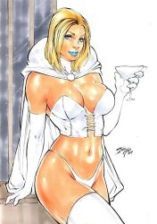 blonde_eyebrows blonde_hair blue_eyes breasts cape curvy curvy_female curvy_figure ed_benes_studio emma_frost glass hellfire_club holding_glass hourglass_figure huge_breasts iago_maia lingerie marvel marvel_comics panties white_queen x-men