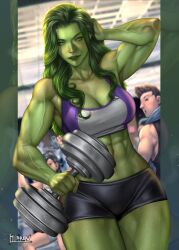 1girls abs artist_name biceps big_breasts bike_shorts blurry blurry_background blush cleavage clothed colored_skin dumbbell female female_focus green-skinned_female green_eyes green_hair green_skin hand_in_own_hair hibren highres hulk_(series) long_hair looking_back marvel marvel_comics muscles muscular_female parted_lips she-hulk short_shorts shorts solo solo_focus sports_bra sports_shorts sweat thick_thighs thighs veins veiny_arms veiny_muscles workout_clothes