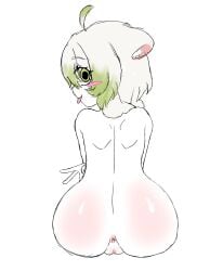 ahoge animal_ears anonymous_artist anus artist_request ass back back_view ferret ferret_girl green_eyes green_highlights laimu looking_at_viewer looking_back pale_skin peace_sign pussy simple_background tongue_out vagina vinesauce virtual_youtuber white_background white_hair white_skin