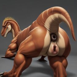 ai_generated anthro anus bending_over dinosaur donut_anus female frosting.ai presenting_anus presenting_hindquarters presenting_pussy puffy_anus puffy_pussy pussy rear_view reptile
