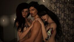 1boy 2019 2girls 3d arm_tattoo black_hair breast_tattoo chest_tattoo female freckled_skin freckles freckles_on_breasts freckles_on_face glasses group group_sex indoors long_hair looking_at_viewer male mrzhyde multiple_girls nude nude_female nude_male pinup polyamory slushe_(website) standing tattoo threesome