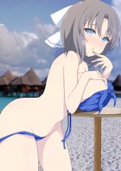 1girls beach bikini blue_eyes chimunge clouds female grey_hair hair_ornament hand_on_breast hut large_breasts light-skinned_female light_skin looking_at_viewer medium_hair outside sand senran_kagura sky solo standing straight_hair table undressing water yumi_(senran_kagura)