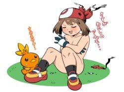 burnt_clothes covering_breasts embarrassed embarrassed_nude_female exposed_torso female footwear handwear human japanese_text may_(pokemon) mugai_(artist) pale_skin pokemon pokemon_rse sitting small_breasts torchic