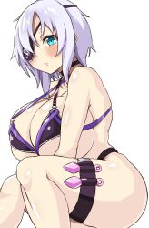 aina_winchester bikini blue_eyes breasts cleavage eyepatch female highres hizakake huge_breasts kunai light_purple_hair looking_at_viewer plump shiny_skin short_hair simple_background skindentation solo swimsuit taimanin_(series) taimanin_asagi taimanin_asagi_kessen_arena taimanin_rpgx underboob weapon white_background