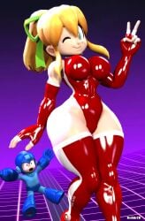 3d bimbo blonde_hair breasts highleg highleg_leotard highres huge_breasts impossible_clothes impossible_leotard impossible_shirt kabalmystic large_breasts leotard looking_at_viewer mega_man mega_man(classic) mega_man_(character) mega_man_(series) ponytail relliksb robot robot_girl roll shirt skin_tight thick_thighs thighhighs thighs tight_clothes tight_shirt wide_hips