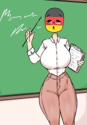 1girls big_breasts chalkboard comission countryhumans countryhumans_girl flawsy germany_(countryhumans) glasses lips pants questionable teacher teacher_outfit