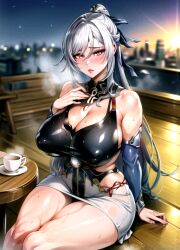 1girls absurd_res ai_generated cleavage dress hair_ornament honkai:_star_rail jingliu_(honkai:_star_rail) large_breasts qqitu red_eyes sitting stable_diffusion table thick_thighs white_hair