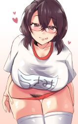 1girls alternate_breast_size female female_pubic_hair glasses huge_breasts kawai_yade licking_lips looking_at_viewer panties_down solo sumireko_usami thighhighs touhou undressing