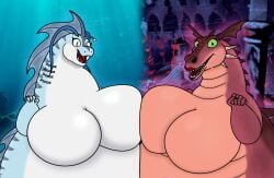 anthro asymmetrical_breast_frottage big_breasts breasts breasts_frottage breasts_to_breasts busty dragon dragon_(shrek) dreamworks duo fat_dragon_female featureless_breasts female huge_breasts missingno-54 no_nipples obese obese_female overweight overweight_female shrek_(series)