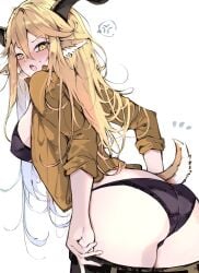 1girls 2023 animal_ears arknights ass ass_focus blonde_hair blonde_hair blush degenbrecher_(arknights) goat_ears goat_girl goat_horns hi_res horns kemonomimi light-skinned_female light_skin looking_at_viewer looking_back pants_down plastic_night_q simple_background solo standing yellow_eyes