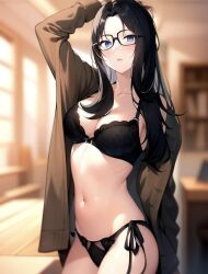 ai_generated belly_button big_breasts black_bra black_hair black_panties blue_eyes bra brown_coat busty coat glasses hand_on_head lingerie pale_skin panties pose seductive standing