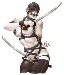 1girls dual_wielding gag garter_straps harness katana medium_breasts pale_skin qsy solo sword taped_nipples white_background