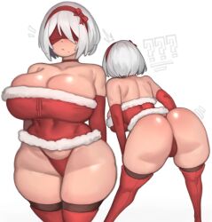1girls ass blindfold breasts christmas female hi_res hips huge_ass huge_breasts kelvin_hiu light-skinned_female light_skin massive_breasts naughty_face nier nier:_automata short_hair simple_background thick_thighs thighs white_hair wide_hips yorha_2b