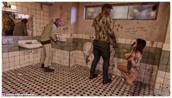 1girls 2022 2boys 3d alextraza arm_tattoo bathroom black_hair dark-skinned_male female femsub group group_sex male maledom multiple_boys nude nude_female public public_restroom restroom slushe_(website) tagme tattoo threesome