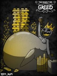 1boy big_belly black_sclera coins crown eating_coins fat fat_man gold gold_(metal) grey_body jeff_3695 king male male_focus male_only money seven_deadly_sins_(concept) solo_male