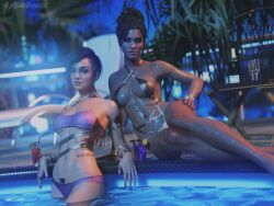 2girls 2women 3d 3d_model cd_projekt_red cyberpunk_2077 drinks female female/female female_focus female_only in_pool judy_alvarez mahtsazizi night nighttime panam_palmer pool poolside skimpy skimpy_swimwear summer swimming_pool