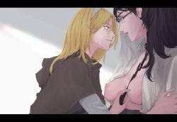 2girls black_hair blonde_hair breasts female female_only glasses league_of_legends leash luxanna_crownguard multiple_girls open_shirt riot_games vayne yuri