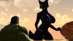 1boy 1girls 3d anthro breasts canid canine canis claws clenched_teeth crossover female fenrir_(disambiguation) fenris_(disambiguation) fenris_wolf fur genderswap_(mtf) green-skinned_male green_body green_eyes green_skin hulk hulk_(series) humanoid imminent_sex larger_female male mammal marvel marvel_cinematic_universe muscular mylittleponymix13 nude sea size_difference straight teeth thor:_ragnarok water wolf