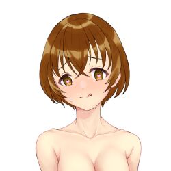 breasts_covered brown_eyes brown_hair cleavage heart-shaped_pupils licking_lips light-skinned_female light_skin lustful_gaze nude nude_female original original_character sweat sweating