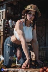 1futa ai_generated all_fours athletic athletic_futanari bent_over big_breasts big_penis bracelet brown_eyes brown_hair brunette brunette_futa casual_exposure casual_nudity dark_hair dark_haired_futa denim denim_jeans detailed erect_nipples farm farmgirl flaccid flaccid_penis futa_only futanari glans hanging_balls hat highres hung_futanari jeans jewelry large_breasts large_penis light-skinned_futanari light_skin long_penis muscular muscular_futanari nipples_visible_through_clothing outdoor_nudity outdoors outside pose realistic sensanari smile smiling solo solo_futa strong thick_penis thick_thighs topless topless_futanari