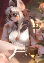 1girls 2023 big_breasts breasts brown_hair choker ear_piercing female female_only flowers furry furry_only grey_eyes inner_ear_fluff ladyshalirin original_character signature stockings white_body white_fur white_hair