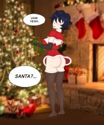 big_ass big_breasts blue_hair christmas christmas_outfit christmas_tree comic eyes_covered from_behind full_body gift gloves oc original_character pewnyart short_hair showing_ass socks