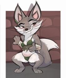 2023 anthro bandage blush blush_lines bra breast_grab breasts brick_wall claws dreamworks fangs fox fox_ears fox_girl fox_tail furry grey_body grey_fur half-closed_eyes honeymono kung_fu_panda navel panties paws salmon_eyes small_breasts spread_legs tail whiskers white_fur zhen_(kung_fu_panda)