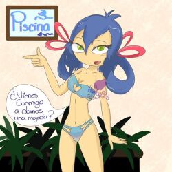 1girls bikini blue_bikini blue_hair blue_swimsuit blue_swimwear breasts dialogue dialogue_box dialogue_bubble fhs fhsz3r0 fnafhs fnafhs_z3ro fnafhsrule34 green_eyes homerbls long_hair medium_breasts spanish_text standing swimsuit swimwear tagme text text_box text_bubble usagi_(fnafhs)