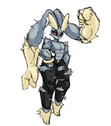 2023 ambiguous_gender anthro big_ears black_eyes exposed_chest exposed_shoulders furry game_freak grey_fur lagomorph lopunny machamp machunny muscles muscular nintendo pants pokemon pokemon_(species) pokemon_fusion pokemon_infinite_fusion red_pupils ripped_pants solls0ll thick_thighs white_background wide_hips