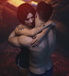 1boy 1girls 3d activision alejandro_vargas alejandro_vargas_(cod) ass_cleavage black_hair butt_crack call_of_duty call_of_duty_modern_warfare_2_(2022) clothed dark_nails female female/male friendly hugging lean_body lean_muscle mahtsazizi male/female mexican_male outdoors shirtless shirtless_male supportive valeria_garza