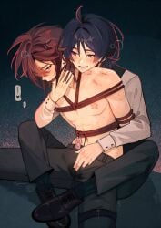 2boys bite_mark bound chest_scars cuntboy drool drooling gay genshin_impact half_naked hickey intersex male_with_painted_nails muzzled nekojinnyart nipples painted_nails rope rope_bondage scar scaramouche_(genshin_impact) scars shikanoin_heizou teasing top_surgery_scars topless vibrator vibrator_under_clothes wet yaoi zooweemama