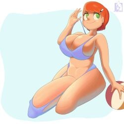 1futa ben_10 big_breasts bikini bottomless breasts clothed clothing cum cumshot erection futa_only futanari gwen_tennyson human hyper hyper_penis light-skinned_futanari light_skin mostly_nude orange_hair penis self_upload short_hair sitting solo thick_thighs wide_hips zeltanari