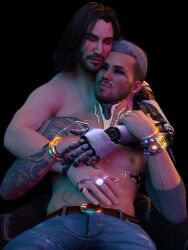 2boys 3d 3d_model black_hair cd_projekt_red cyberpunk_2077 embrace embrace_from_the_behind embracing gay homoerotic homosexual homosexual_male johnny_silverhand kerry_eurodyne male male/male male_focus male_only male_pov tattooed_male tattoos white_hair wholesome yaoi