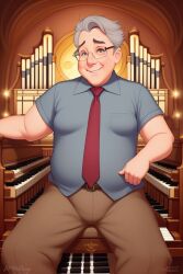 ai_generated bara bara_tits bashful belly bulge chubby church clothed crotch_bulge daddy glasses gordon_the_organist grey_hair looking_at_viewer male older_male organist pipe_organ smiling stable_diffusion tie