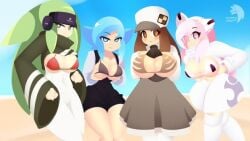 ami_(gwain_saga) beach bikini blue_eyes blue_hair breasts brown_eyes brown_hair deva_(gwain_saga) geoexe green_eyes green_hair group gwain_saga insane_okamy lanney marlow pink_eyes pink_hair thighs