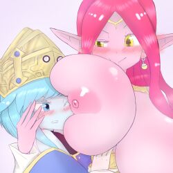 2girls aeos alternate_breast_size anthro big_breasts blue_eyes blue_hair blue_skin blush breasts chronoa clothed clothed_female dragon_ball dragon_ball_heroes embarrassed female female_only goddess head_against_breast holding_head hosshi huge_breasts multiple_girls nipples one_eye_closed pink_hair pink_skin pointy_ears potara_earrings shortstack shounen_jump size_difference smile super_dragon_ball_heroes supreme_kai supreme_kai_of_time time_power_unleashed_form_(dragon_ball) yellow_eyes yuri