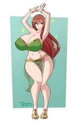 armpits arms_above_head arms_up bangle bikini blush borrowed_character breasts cleavage daminite_(artist) green_bikini green_eyes large_breasts long_hair navel original painted_nails red_hair standing tagme thick_thighs thighs very_long_hair wide_hips