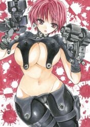 bare_midriff big_breasts bodysuit cameltoe cleavage female female_only gantz gantz_suit gloves gun huge_breasts kei_kishimoto latex latex_gloves latex_suit nipple_bulge pink_eyes pink_hair short_hair sideboob skin_tight solo thigh_gap thigh_strap traditional_media_(artwork) underboob wide_hips