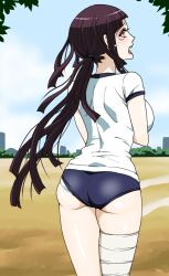 1girls alternate_hairstyle ass beach butt cute danganronpa danganronpa_2:_goodbye_despair dark_purple_hair dat_ass dosugon female fringe hime_cut large_breasts long_hair pale-skinned_female petite ponytail presenting_ass purple_eyes purple_hair sports_uniform sportswear straight_hair teenager tsumiki_mikan underwear